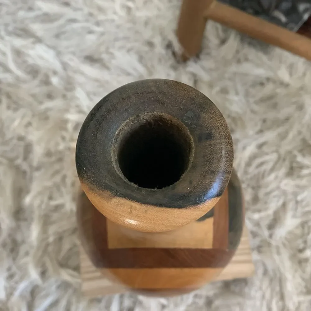 Decorative Handcrafted Wooden Vase Unsigned Made With Multiple Varieties Of Wood
